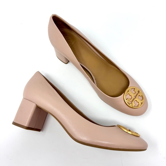 Tory Burch Benton Pink Leather Block Heel Pumps Gold Logo size 10 - Picture 14 of 15